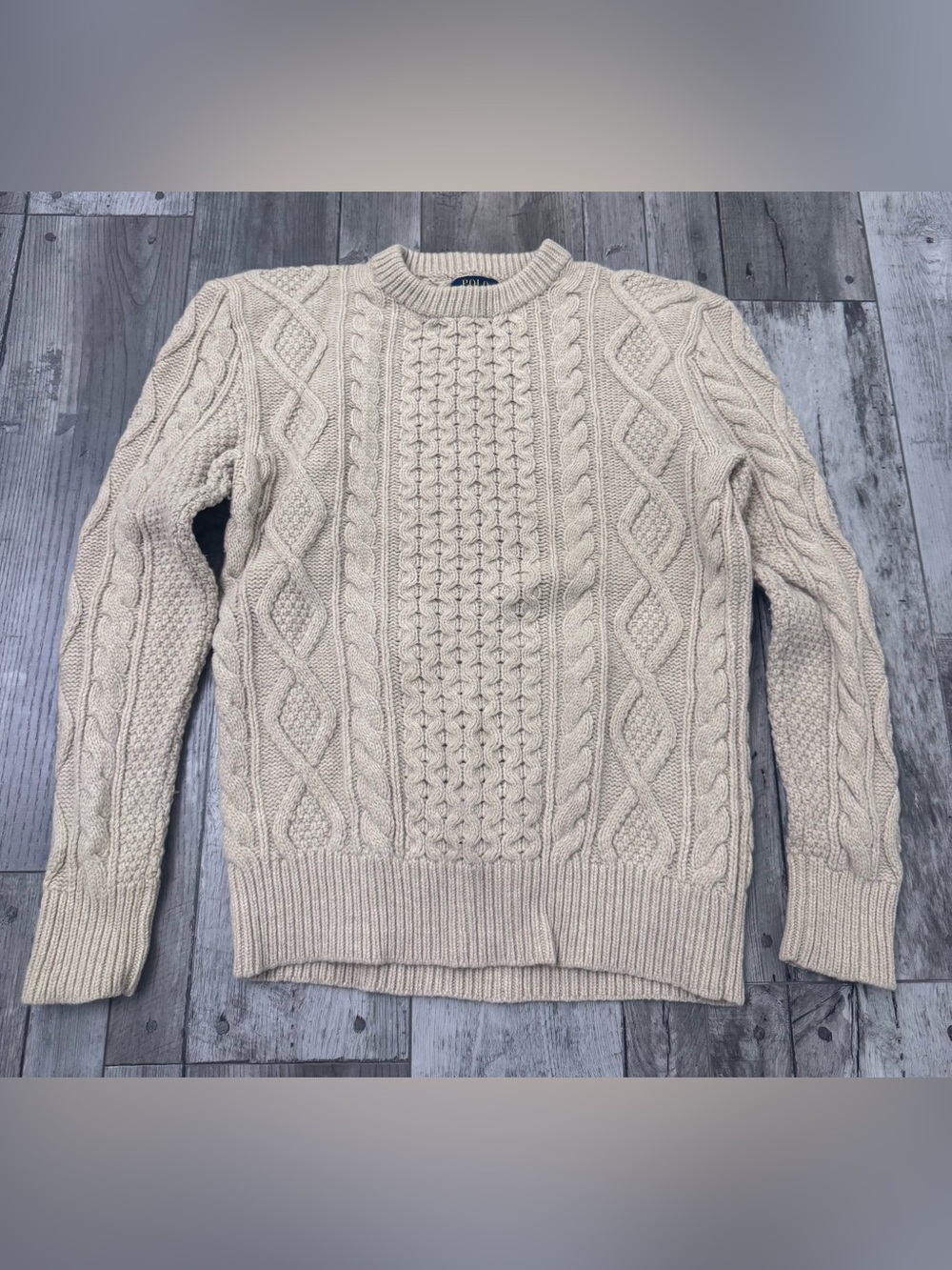 Polo Ralph Lauren Wool Blend Sweater Men's Cable Knit Fisherman Tan Beige Small